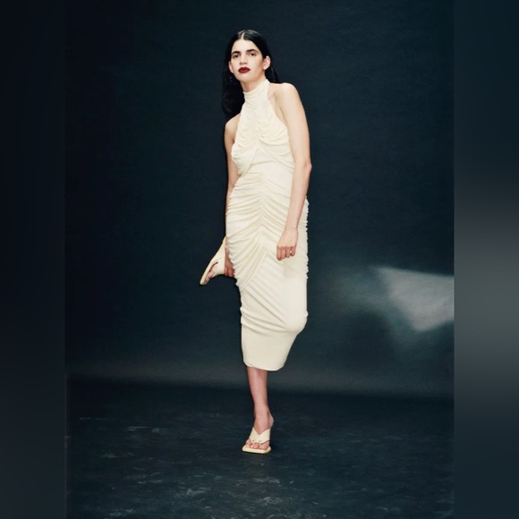 Paris Georgia Roxie Gathered Draped Halter Knit Maxi Dress Gown Butter Yellow M - Picture 15 of 16